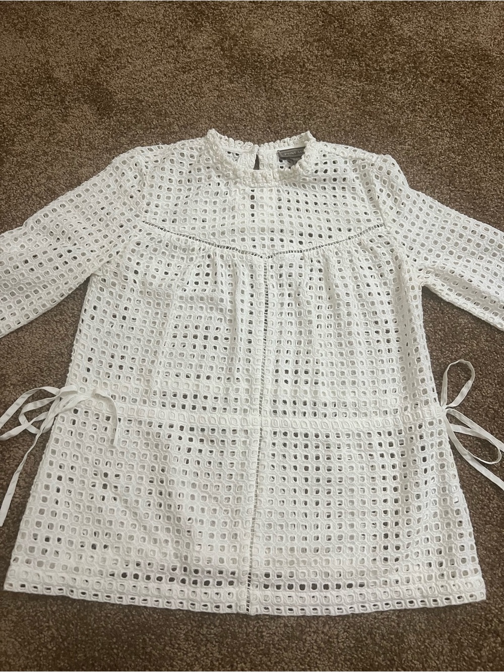 Point Sur White Eyelet Ruffle-Neck Blouse with Side Tie Detail